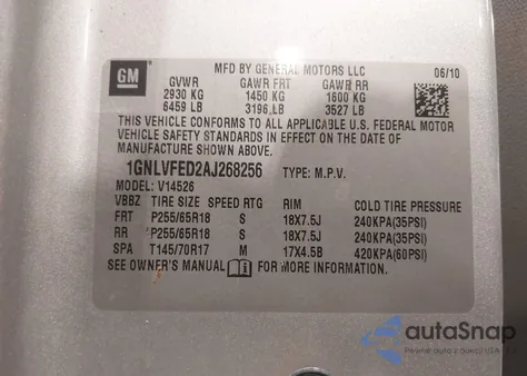 2010 Chevrolet Traverse Lt z USA, uszkodzony, nr VIN 1GNLVFED2AJ268256